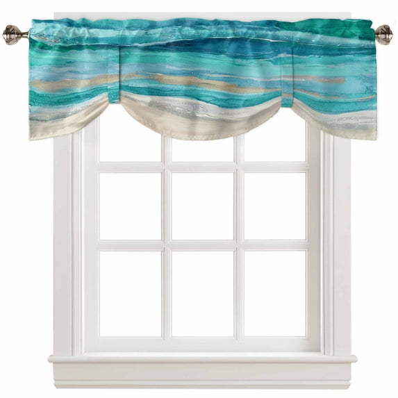 Fsddascl Teal Coastal Tie Up Valance Curtains for Windows, Kitchen Curtains Window Treatments, Summer Beach Nautical Abstract Art Short Window Shades Valances for Bedroom Bathroom Cafe 60"x18"