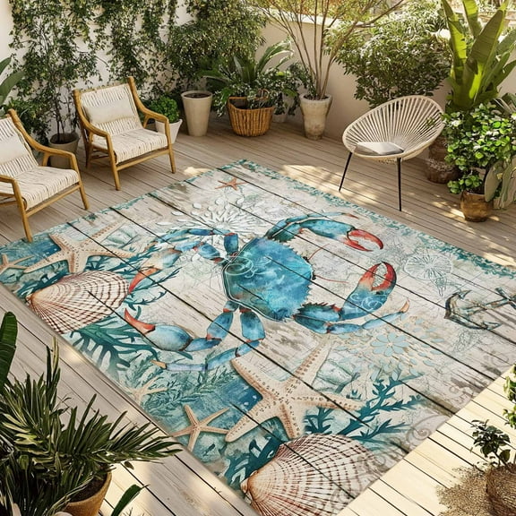 Fsddascl Teal Crab Coastal Outdoor Rug for Patio/Deck/Porch, Non-Slip Large Area Rug 5 x 8 Ft, Summer Beach Nautical Starfish Retro Indoor Outdoor Rugs Washable Area Rugs, Camping Rug Carpet