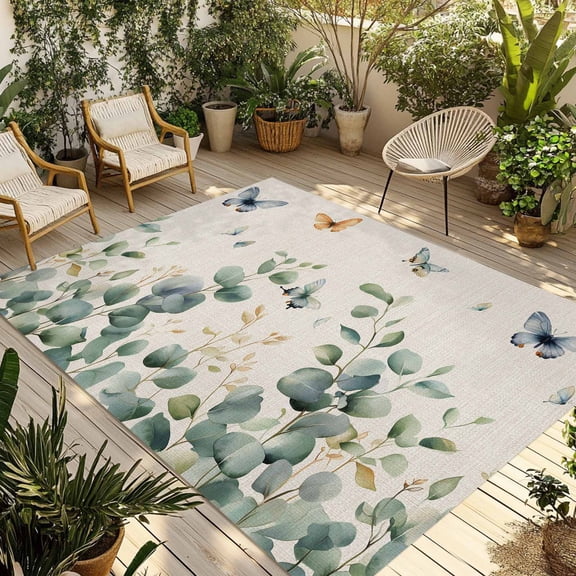 Fsddascl Teal Eucalyptus Leaves Outdoor Rug for Patio/Deck/Porch, Non-Slip Large Area Rug 5 x 8 Ft, Summer Botanical Butterfly Vintage Indoor Outdoor Rugs Washable Area Rugs, Camping Rug Carpet