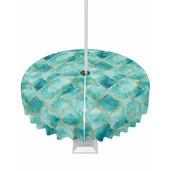 Fsddascl Teal Geometric Outdoor Tablecloth - 54 Inch Round Dining Table Cover, Modern Morocco Abstract Art Waterproof Outdoor Table Cloth with Umbrella Hole & Zipper for Picnic/Patio/Party