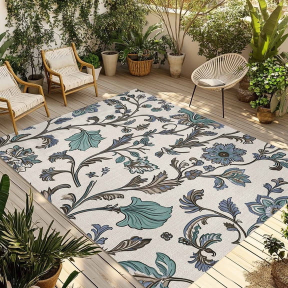 Fsddascl Teal Green Leaf Outdoor Rug for Patio/Deck/Porch, Non-Slip Large Area Rug 5 x 8 Ft, Vintage Farmhouse Boho Pastoral Tribal Indoor Outdoor Rugs Washable Area Rugs, Camping Rug Carpet