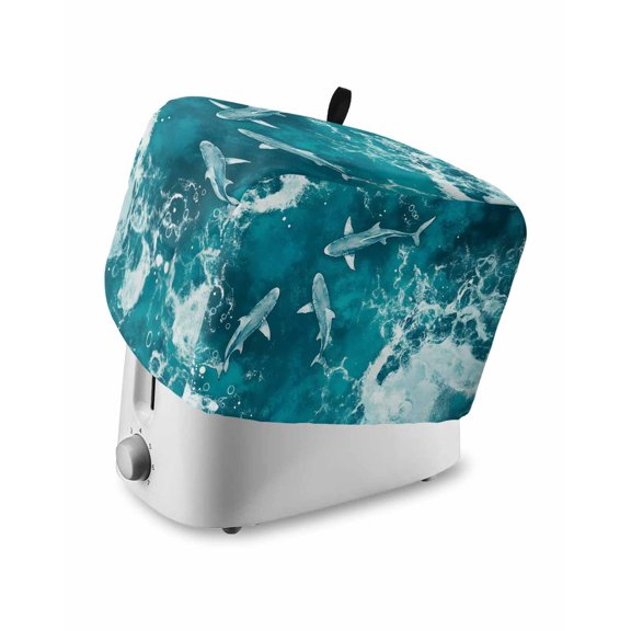 Fsddascl Teal Green Ocean Shark Toaster Cover 4 Slice, Large Kitchen Appliance Covers, Coastal Wave Summer Beach Toaster Oven Cover with Loop, Bread Machine Cover Polyester Dust Cover Protection