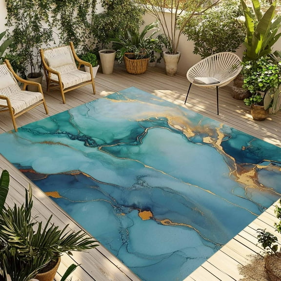Fsddascl Teal Marble Outdoor Rug for Patio/Deck/Porch, Non-Slip Large Area Rug 5 x 8 Ft, Impressionist Ink Painted Abstract Indoor Outdoor Rugs Washable Area Rugs, Reversible Camping Rug Carpet