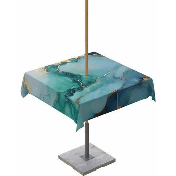 Fsddascl Teal Marble Outdoor Tablecloth - 54x54 Inch Square Dining Table Cover, Impressionist Ink Painted Abstract Waterproof Outdoor Table Cloth with Umbrella Hole & Zipper for Picnic/Patio/Party