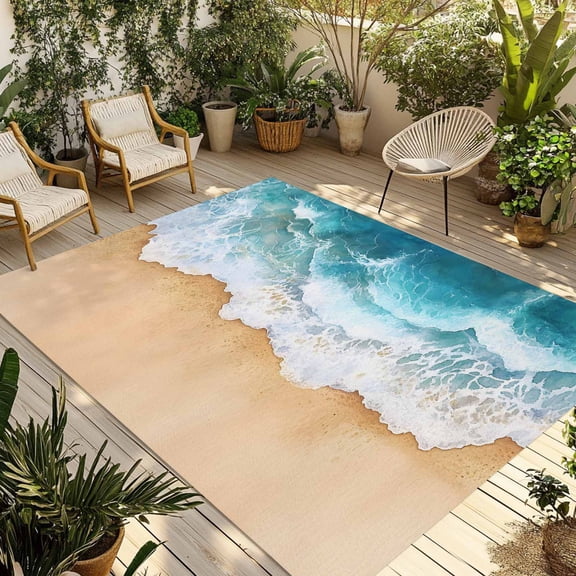 Fsddascl Teal Ocean Waves Outdoor Rug for Patio/Deck/Porch, Non-Slip Large Area Rug 5 x 8 Ft, Summer Beach Coastal Nautical Indoor Outdoor Rugs Washable Area Rugs, Reversible Camping Rug Carpet