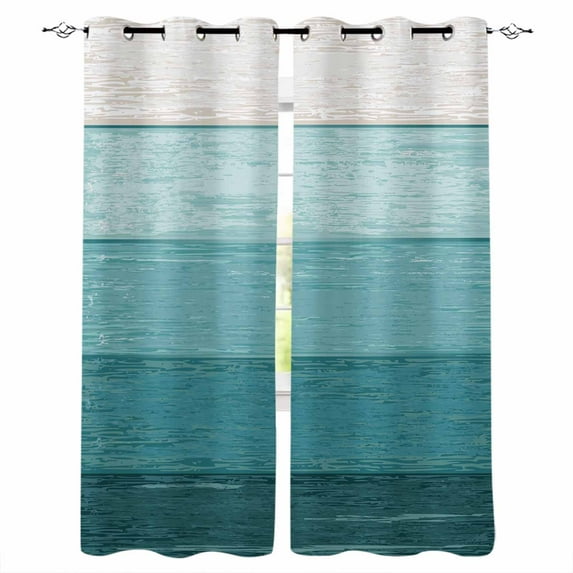 Fsddascl Teal Ombre Blackout Curtains for Bedroom/Living Room, Thermal Insulated Kitchen Curtains, Farmhouse Vintage Wooden Striped Grommet Darkening Window Treatment Drapes 42"x63"x2