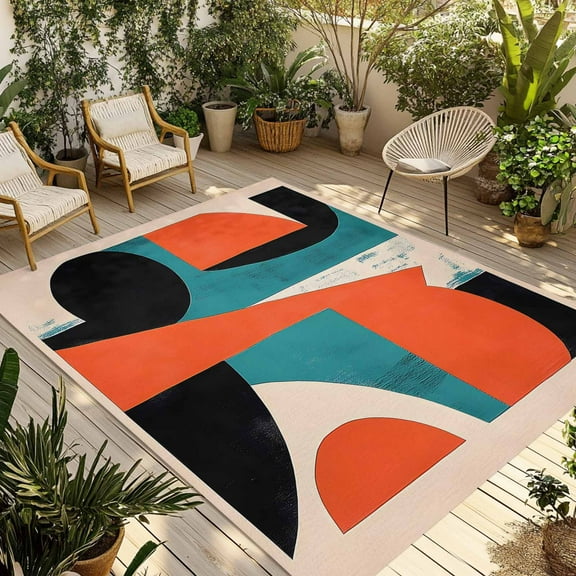 Fsddascl Teal Orange Black Outdoor Rug for Patio/Deck/Porch, Non-Slip Large Area Rug 5 x 8 Ft, Geometric Modern Abstract Art Indoor Outdoor Rugs Washable Area Rugs, Reversible Camping Rug Carpet