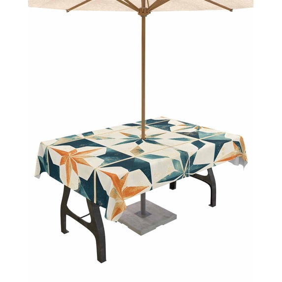 Fsddascl Teal Orange Geometric Outdoor Tablecloth - 60x120 Inch Rectangle Dining Table Cover, Vintage Chic Abstract Checked Waterproof Outdoor Table Cloth with Umbrella Hole & Zipper for Patio