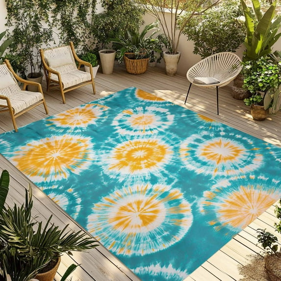 Fsddascl Teal Orange Tie-Dye Outdoor Rug for Patio/Deck/Porch, Non-Slip Large Area Rug 6 x 9 Ft, Ethnic Modern Abstract Watercolor Indoor Outdoor Rugs Washable Area Rugs, Camping Rug Carpet