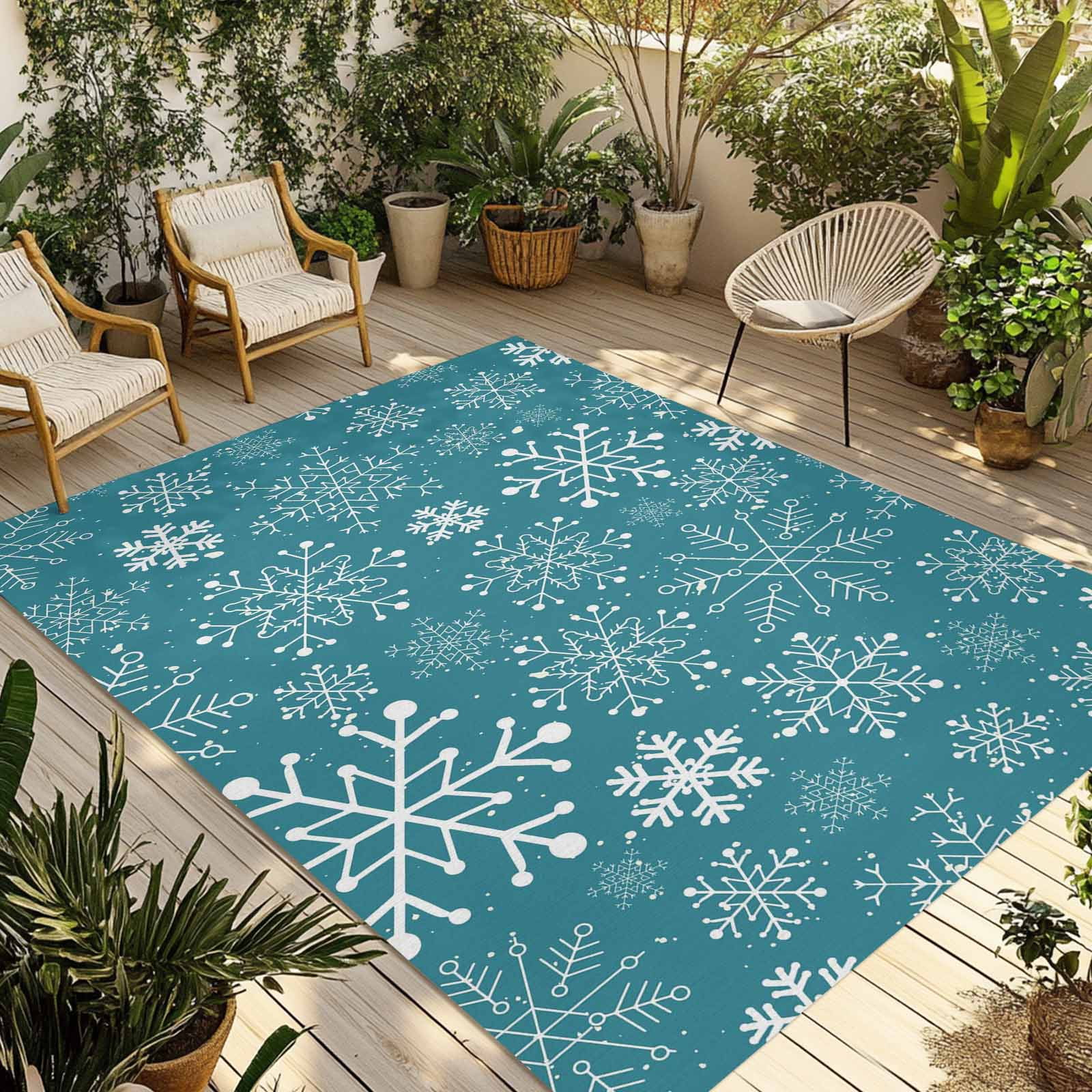 Fsddascl Teal Snowflake Christmas Outdoor Rug for Patio/Deck/Porch, Non-Slip Large Area Rug 5 x 8 Ft, Xmas Snowflake Indoor Outdoor Rugs Washable Area Rugs, Reversible Camping Rug Carpet Runner