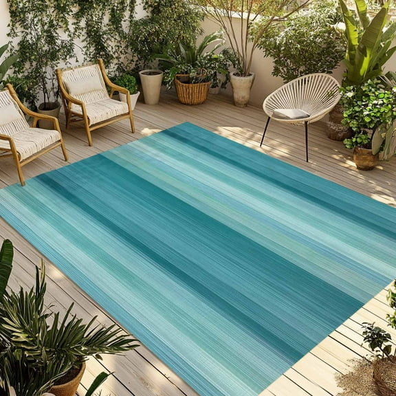 Fsddascl Teal Turquoise Aqua Ombre Outdoor Rug for Patio/Deck/Porch, Non-Slip Large Area Rug 5 x 8 Ft, Contemporary Abstract Lines Indoor Outdoor Rugs Washable Area Rugs, Camping Rug Carpet