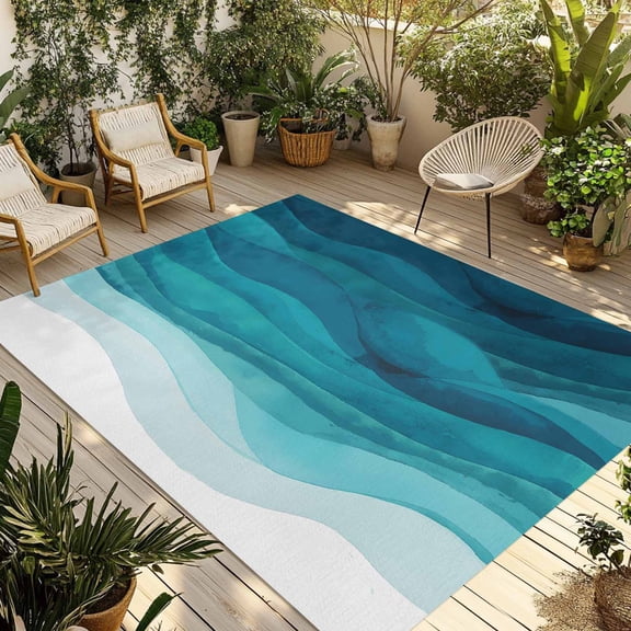 Fsddascl Teal Turquoise Waves Outdoor Rug for Patio/Deck/Porch, Non-Slip Large Area Rug 5 x 8 Ft, Ombre Coastal Ocean Water Abstract Indoor Outdoor Rugs Washable Area Rugs, Camping Rug Carpet