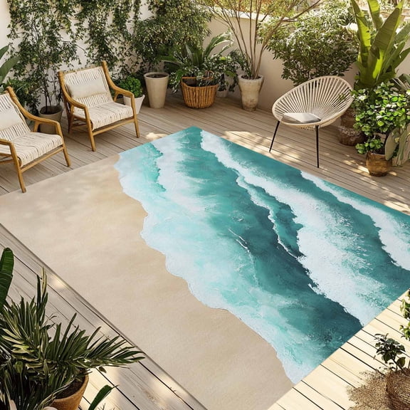 Fsddascl Teal Waves Coastal Outdoor Rug for Patio/Deck/Porch, Non-Slip Large Area Rug 4 x 6 Ft, Summer Beach Nautical Ocean Sea Indoor Outdoor Rugs Washable Area Rugs, Reversible Camping Rug Carpet