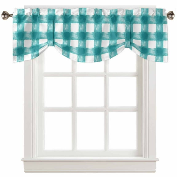 Fsddascl Teal White Plaid Tie Up Valance Curtains for Windows, Kitchen Curtains Window Treatments, Watercolor Farmhouse Checkered Short Window Shades Valances for Bedroom Bathroom Cafe 42"x12"