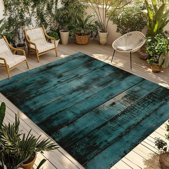Fsddascl Teal Wood Print Outdoor Rug for Patio/Deck/Porch, Non-Slip Large Area Rug 5 x 8 Ft, Farmhouse Vintage Shabby Plank Indoor Outdoor Rugs Washable Area Rugs, Reversible Camping Rug Carpet