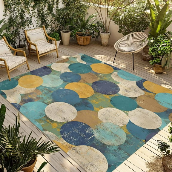 Fsddascl Teal Yellow Circle Outdoor Rug for Patio/Deck/Porch, Non-Slip Large Area Rug 4 x 6 Ft, Geometric Abstract Art Indoor Outdoor Rugs Washable Area Rugs, Reversible Camping Rug Carpet Runner