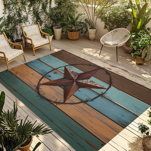 Fsddascl Texas Star Outdoor Rug for Patio/Deck/Porch, Non-Slip Large Area Rug 5 x 8 Ft, Teal Brown Farmhouse Wooden Country Indoor Outdoor Rugs Washable Area Rugs, Reversible Camping Rug Carpet