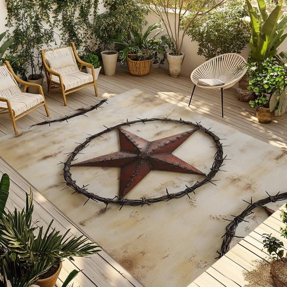Fsddascl Texas Star Retro Outdoor Rug for Patio/Deck/Porch, Non-Slip Large Area Rug 4 x 6 Ft, Country Stars Farmhouse Brown Vintage Indoor Outdoor Rugs Washable Area Rugs, Camping Rug Carpet