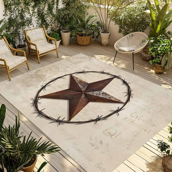 Fsddascl Texas Star Vintage Outdoor Rug for Patio/Deck/Porch, Non-Slip Large Area Rug 5 x 8 Ft, Farmhouse Country Stars Western Indoor Outdoor Rugs Washable Area Rugs, Reversible Camping Rug Carpet