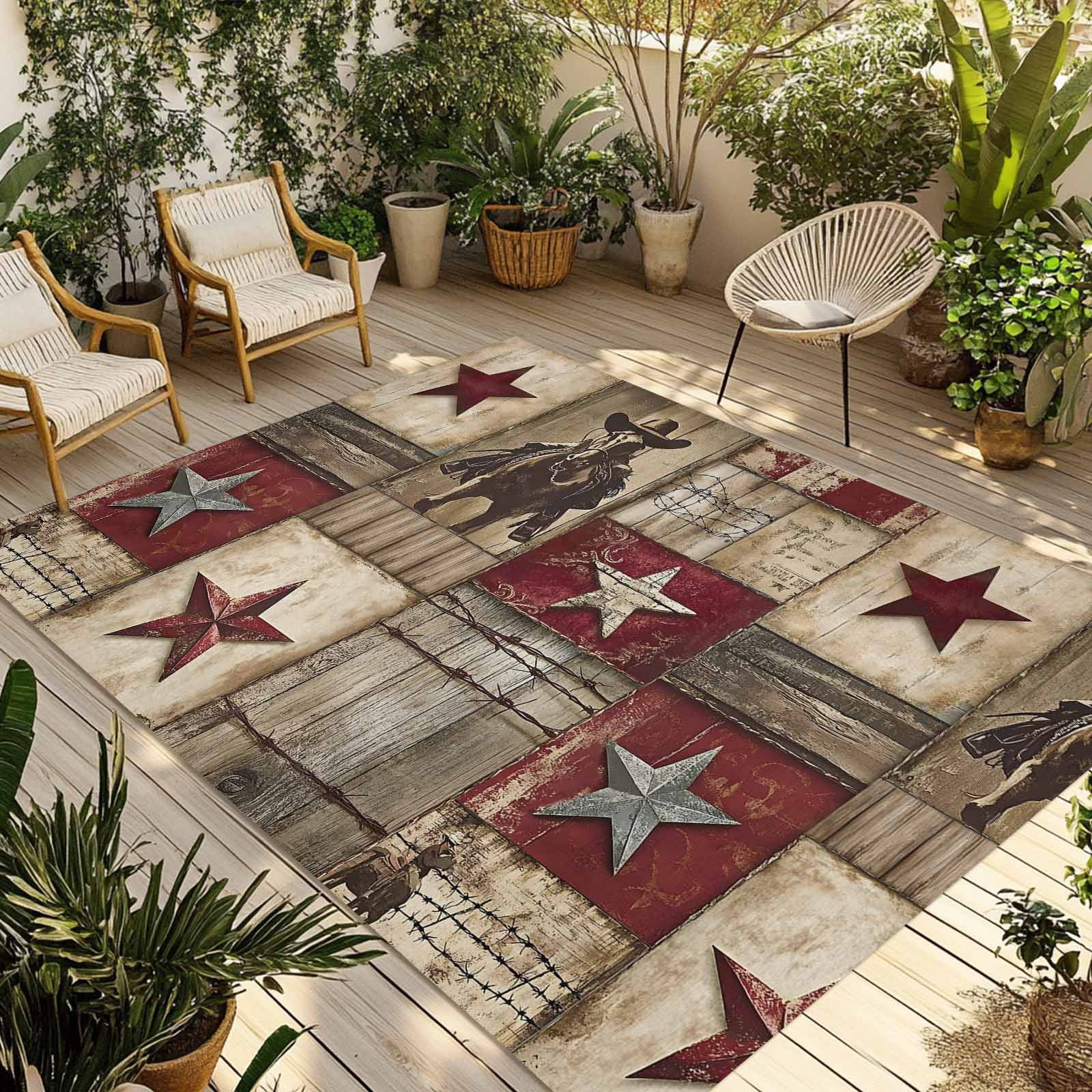 Fsddascl Texas Star Vintage Outdoor Rug for Patio/Deck/Porch, Non-Slip Large Area Rug 5 x 8 Ft, Western Cowboy Country Wooden Indoor Outdoor Rugs Washable Area Rugs, Reversible Camping Rug Carpet