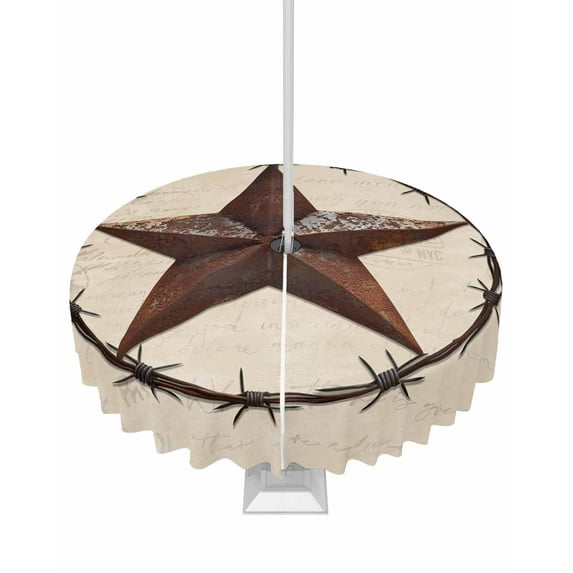 Fsddascl Texas Star Vintage Outdoor Tablecloth - 60 Inch Round Dining Table Cover, Farmhouse Country Stars Western Waterproof Outdoor Table Cloth with Umbrella Hole & Zipper for Picnic/Patio/Party