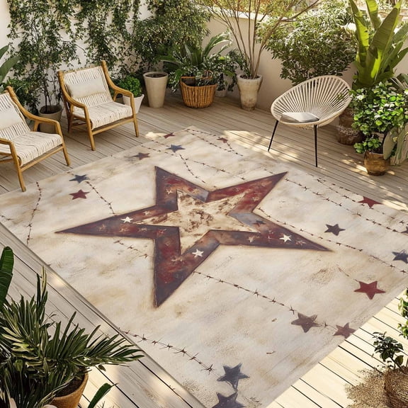 Fsddascl Texas Star Western Outdoor Rug for Patio/Deck/Porch, Non-Slip Large Area Rug 4 x 6 Ft, Stars Country Retro Indoor Outdoor Rugs Washable Area Rugs, Reversible Camping Rug Carpet Runner