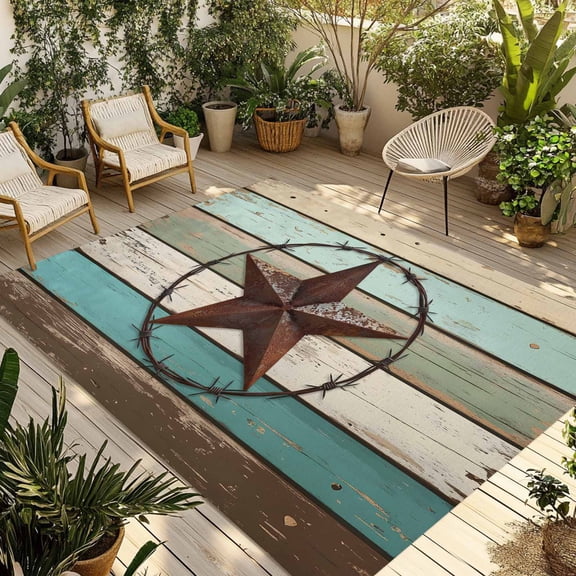 Fsddascl Texas Star Western Outdoor Rug for Patio/Deck/Porch, Non-Slip Large Area Rug 5 x 8 Ft, Vintage Teal Brown Wooden Farmhouse Indoor Outdoor Rugs Washable Area Rugs, Camping Rug Carpet