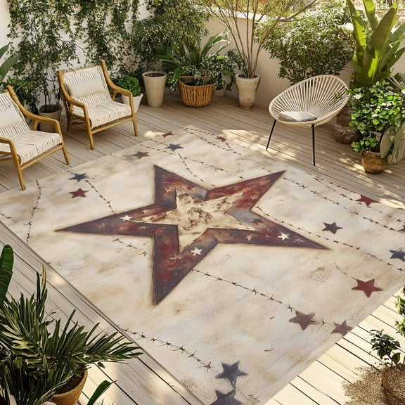 Fsddascl Texas Star Western Outdoor Rug for Patio/Deck/Porch, Non-Slip Large Area Rug 6 x 9 Ft, Stars Country Retro Indoor Outdoor Rugs Washable Area Rugs, Reversible Camping Rug Carpet Runner