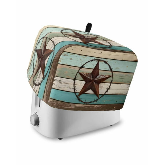Fsddascl Texas Star Western Small Toaster Cover 2 Slice, Kitchen Appliance Covers, Vintage Teal Brown Wooden Farmhouse Toaster Oven Cover with Loop, Bread Machine Cover Polyester Dust Cover