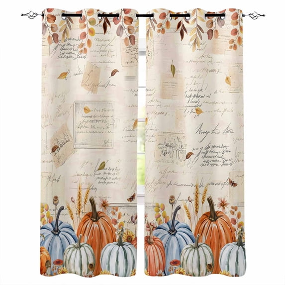 Fsddascl Thanksgiving Blackout Curtains for Bedroom/Living Room, Thermal Insulated Kitchen Curtains, Fall Blue Green Orange Pumpkin Leaves Grommet Darkening Window Treatment Drapes 27.5"x39"x2