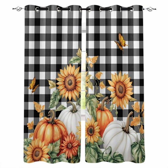 Fsddascl Thanksgiving Blackout Curtains for Bedroom/Living Room, Thermal Insulated Kitchen Curtains, Fall Orange Pumpkin Sunflowers Black Plaid Grommet Darkening Window Treatment Drapes 52"x84"x2