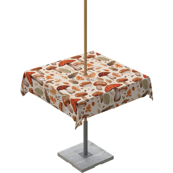 Fsddascl Thanksgiving Fall Outdoor Tablecloth - 54x54 Inch Square Dining Table Cover, Mushroom Orange Maple Leaf Botanical Waterproof Outdoor Table Cloth with Umbrella Hole & Zipper for Picnic/Patio