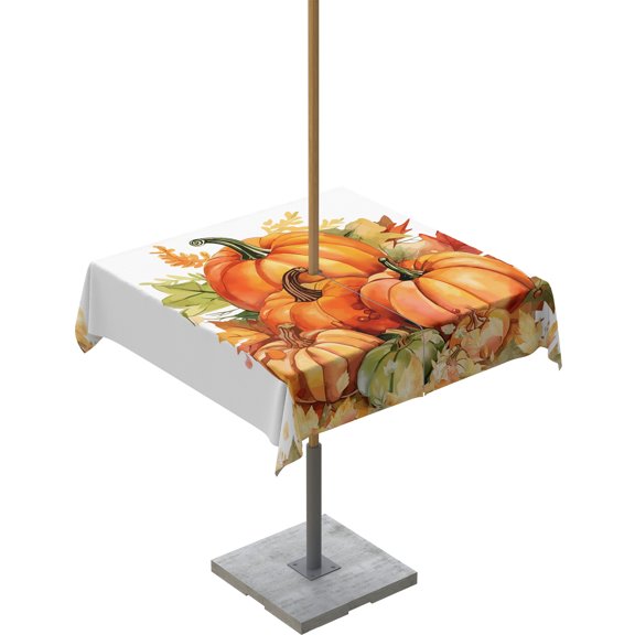 Fsddascl Thanksgiving Fall Outdoor Tablecloth - 54x54 Inch Square Dining Table Cover, Orange Pumpkin Harvest Maple Leaf Waterproof Outdoor Table Cloth with Umbrella Hole & Zipper for Picnic/Patio