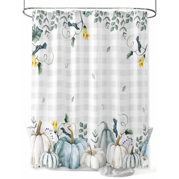 Fsddascl Thanksgiving Shower Curtain Set - Extra Long 72" x 96" Washable Bathtub Curtain with 12 Hooks, Fall Blue White Pumpkin Leaves Floral Plaid Waterproof Fabric Shower Curtains for Bathroom