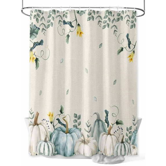 Fsddascl Thanksgiving Shower Curtain Set - Small 36" x 72" Washable Bathtub Curtain with 12 Hooks, Fall Blue White Pumpkin Leaves Vintage Waterproof Fabric Stall Shower Curtains for Bathroom/Bathtub