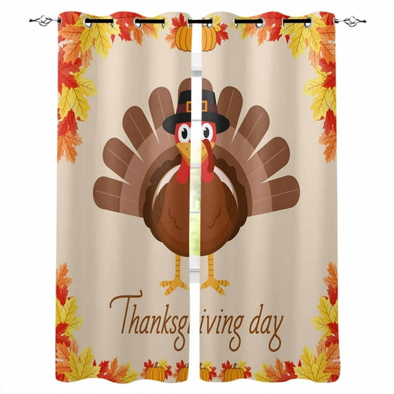 Fsddascl Thanksgiving Turkey Blackout Curtains for Bedroom/Living Room, Thermal Insulated Kitchen Curtains, Fall Maple Leaf Pumpkins Autumn Grommet Darkening Window Treatment Drapes 52"x72"x2