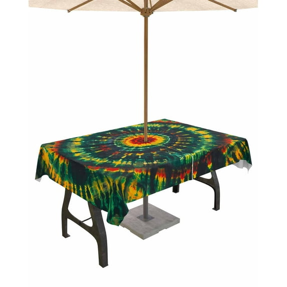 Fsddascl Tie Dye Boho Outdoor Tablecloth - 60x120 Inch Rectangle Dining Table Cover, Ethnic Colorful Ombre Abstract Aesthetic Waterproof Outdoor Table Cloth with Umbrella Hole & Zipper for Patio