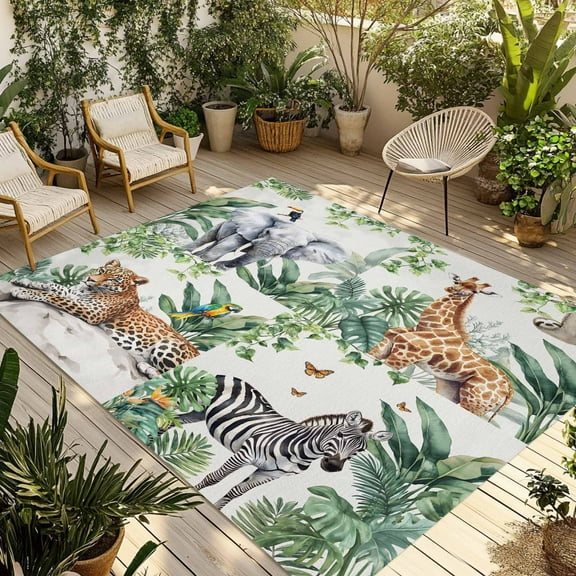 Fsddascl Tropical Animals Outdoor Rug for Patio/Deck/Porch, Non-Slip Large Area Rug 4 x 6 Ft, Summer Elephant Giraffe Leopard Zebra Indoor Outdoor Rugs Washable Area Rugs, Camping Rug Carpet