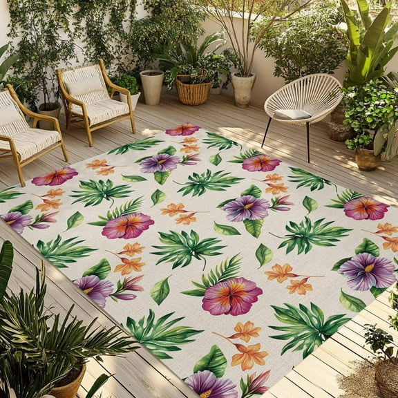 Fsddascl Tropical Botanical Outdoor Rug for Patio/Deck/Porch, Non-Slip Large Area Rug 6 x 9 Ft, Red Purple Summer Floral Beige Indoor Outdoor Rugs Washable Area Rugs, Reversible Camping Rug Carpet