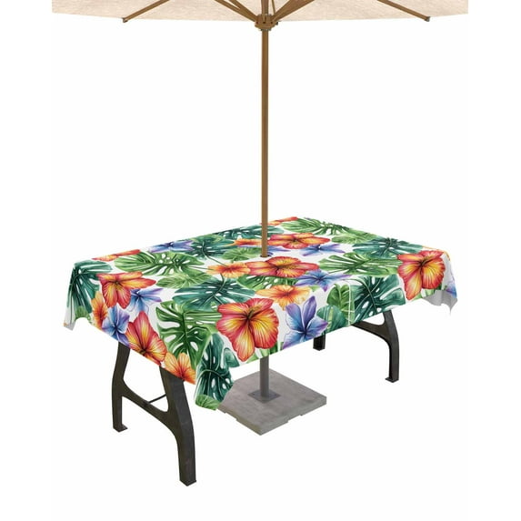 Fsddascl Tropical Botanical Outdoor Tablecloth - 60x102 Inch Rectangle Dining Table Cover, Summer Watercolor Leaves Floral Waterproof Outdoor Table Cloth with Umbrella Hole & Zipper for Picnic/Patio