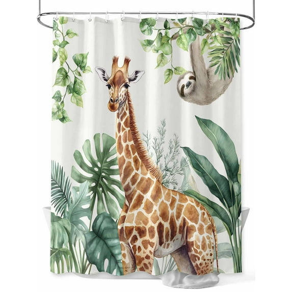Fsddascl Tropical Giraffe Sloth Shower Curtain Set - Standard 72" x 72" Washable Bathtub Curtain with 12 Hooks, Watercolor Summer Palm Leaf Waterproof Fabric Stall Shower Curtains for Bathroom