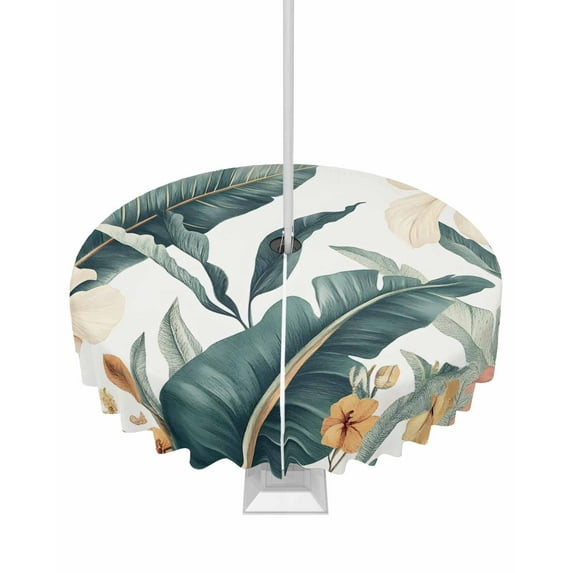 Fsddascl Tropical Leaves Floral Outdoor Tablecloth - 60 Inch Round Dining Table Cover, Vintage Watercolor Flowers Waterproof Outdoor Table Cloth with Umbrella Hole & Zipper for Picnic/Patio/Party