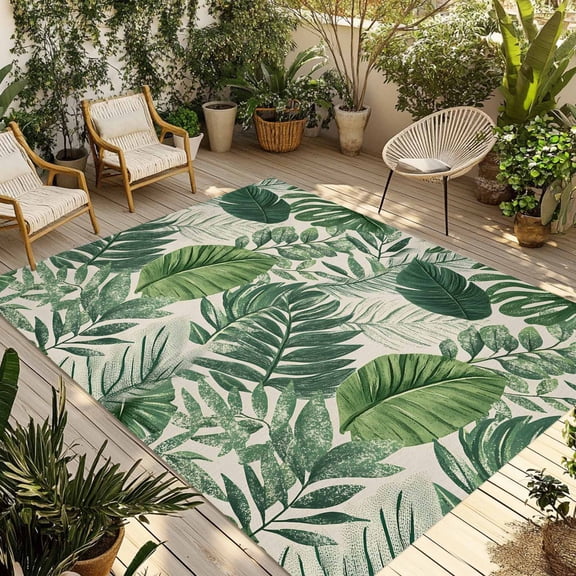 Fsddascl Tropical Leaves Outdoor Rug for Patio/Deck/Porch, Non-Slip Large Area Rug 5 x 8 Ft, Vintage Country Summer Green Leaf Plant Indoor Outdoor Rugs Washable Area Rugs, Camping Rug Carpet