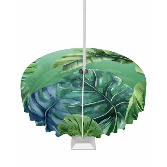 Fsddascl Tropical Leaves Outdoor Tablecloth - 60 Inch Round Dining Table Cover, Country Summer Botanical Green Plants Waterproof Outdoor Table Cloth with Umbrella Hole & Zipper for Picnic/Patio