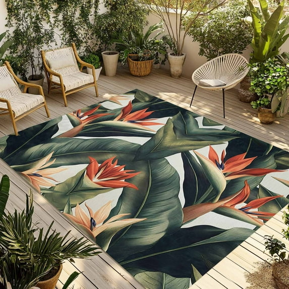 Fsddascl Tropical Plant Outdoor Rug for Patio/Deck/Porch, Non-Slip Large Area Rug 5 x 8 Ft, Summer Botanical Leaves Floral Country Indoor Outdoor Rugs Washable Area Rugs, Camping Rug Carpet