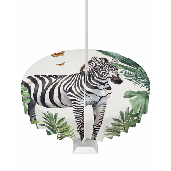Fsddascl Tropical Zebra Butterfly Outdoor Tablecloth - 60 Inch Round Dining Table Cover, Watercolor Summer Palm Leaf Waterproof Outdoor Table Cloth with Umbrella Hole & Zipper for Picnic/Patio/Party