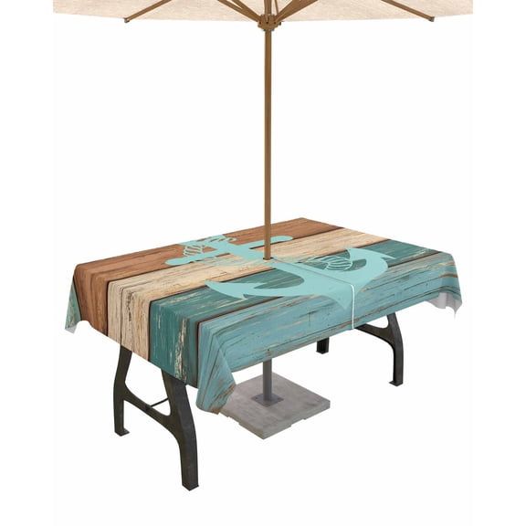 Fsddascl Turquoise Anchor Outdoor Tablecloth - 60x120 Inch Rectangle Dining Table Cover, Nautical Brown Green Retro Wood Grain Waterproof Outdoor Table Cloth with Umbrella Hole & Zipper for Patio