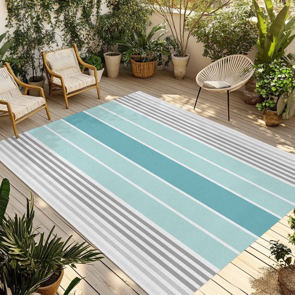 Fsddascl Turquoise Aqua Stripes Outdoor Rug for Patio/Deck/Porch, Non-Slip Large Area Rug 6 x 9 Ft, Modern Gradient Minimalist Lines Indoor Outdoor Rugs Washable Area Rugs, Camping Rug Carpet