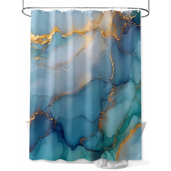 Fsddascl Turquoise Blue Marble Shower Curtain Set - Small 36" x 72" Washable Bathtub Curtain with 12 Hooks, Modern Teal Gold Geometric Waterproof Fabric Stall Shower Curtains for Bathroom/Bathtub