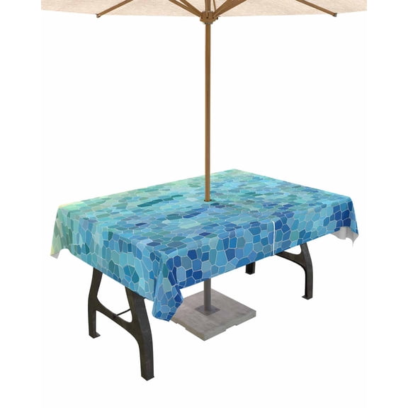 Fsddascl Turquoise Blue Teal Outdoor Tablecloth - 60x102 Inch Rectangle Dining Table Cover, Chic Stained Glass Texture Aesthetic Waterproof Outdoor Table Cloth with Umbrella Hole & Zipper for Patio